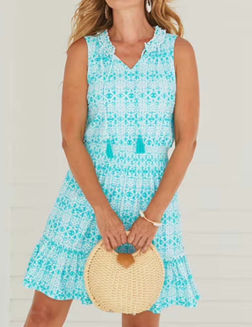 Cabana Life Rosebay Smocked Waist Dress Large Blue White Tiered Sleeveless